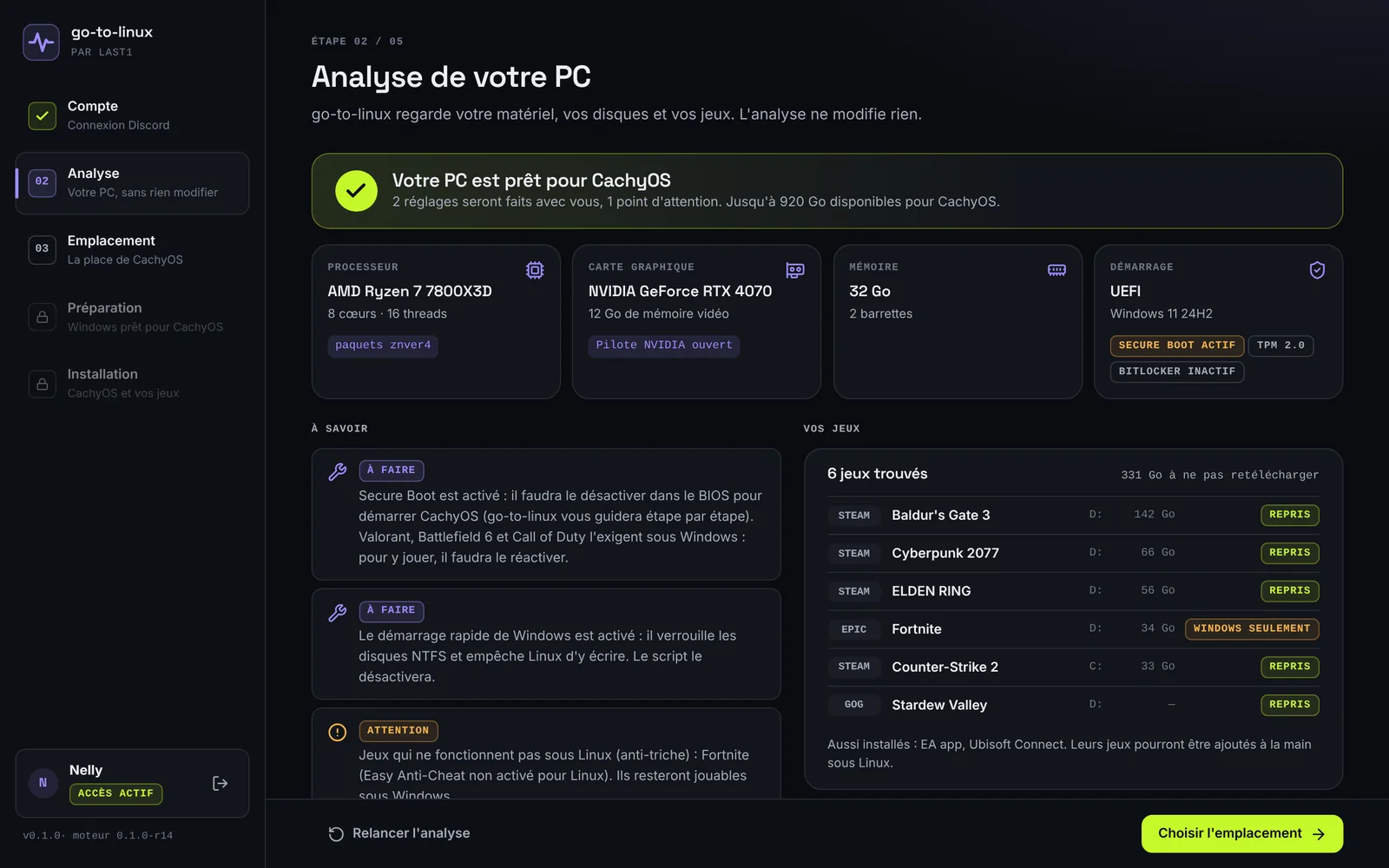 L'analyse du PC dans go-to-linux : matériel, points à savoir et jeux repris