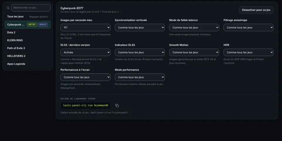 Games page: Steam library and the 3D settings of a game (frame rate, low latency, DLSS, HDR)